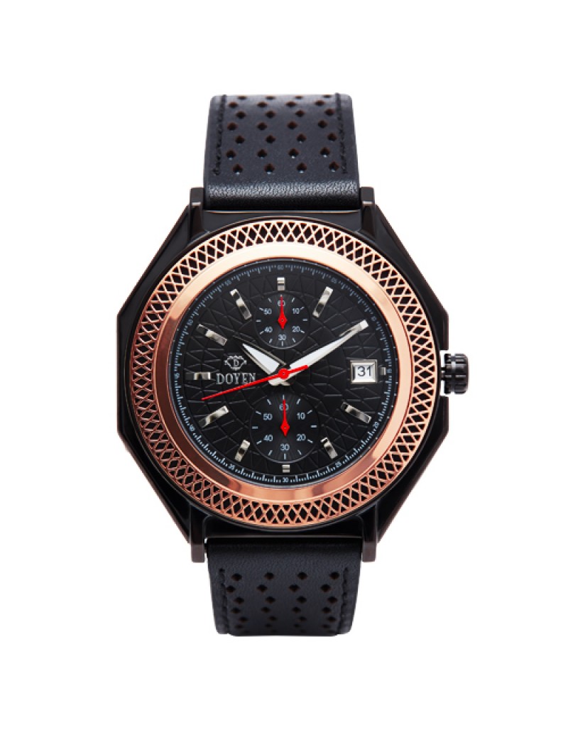 LONDON SQUARE MILE GENTS -  IP BLACK BLK DIAL R.GD BEZEL CHRONOGRAPH LEATHER WATCH