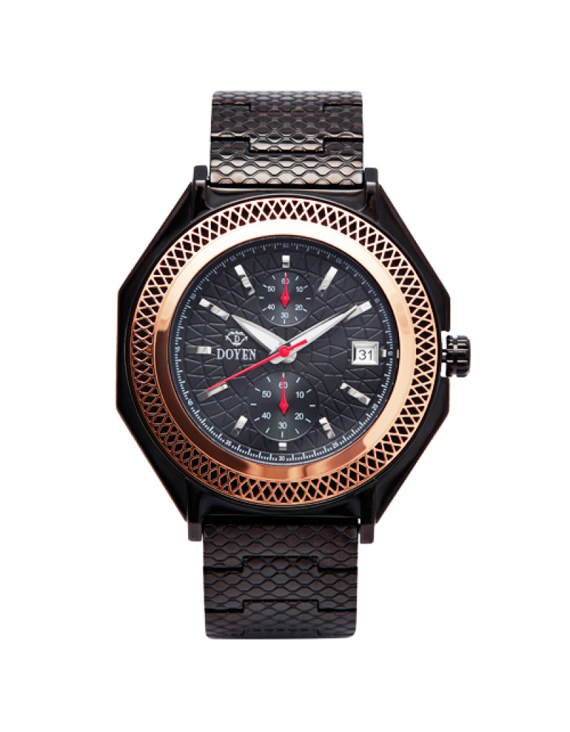 LONDON SQUARE MILE GENTS - IP BLACK R.GOLD BEZEL  BLACK DIAL CHRONOGRAPH WATCH