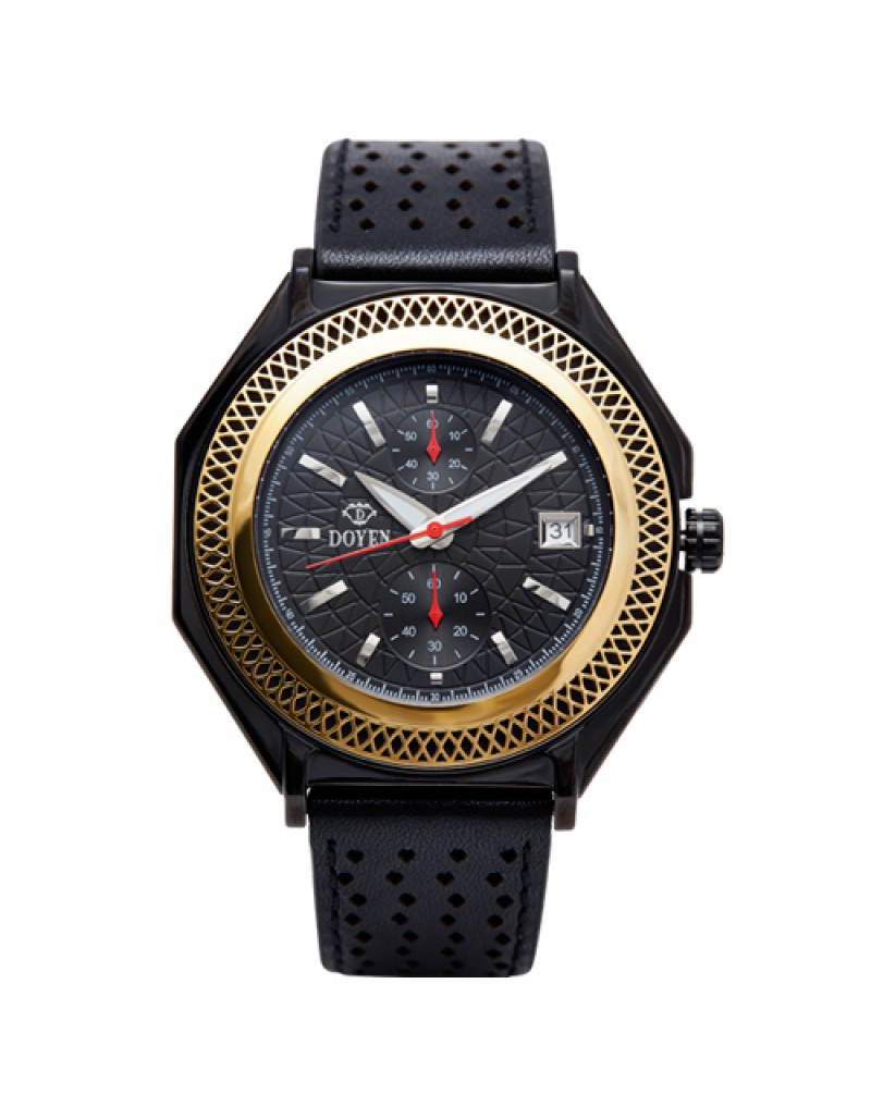 LONDON SQUARE MILE GENTS -  IP BLACK BLK DIAL Y.GLD BEZEL CHRONOGRAPH LEATHER WATCH