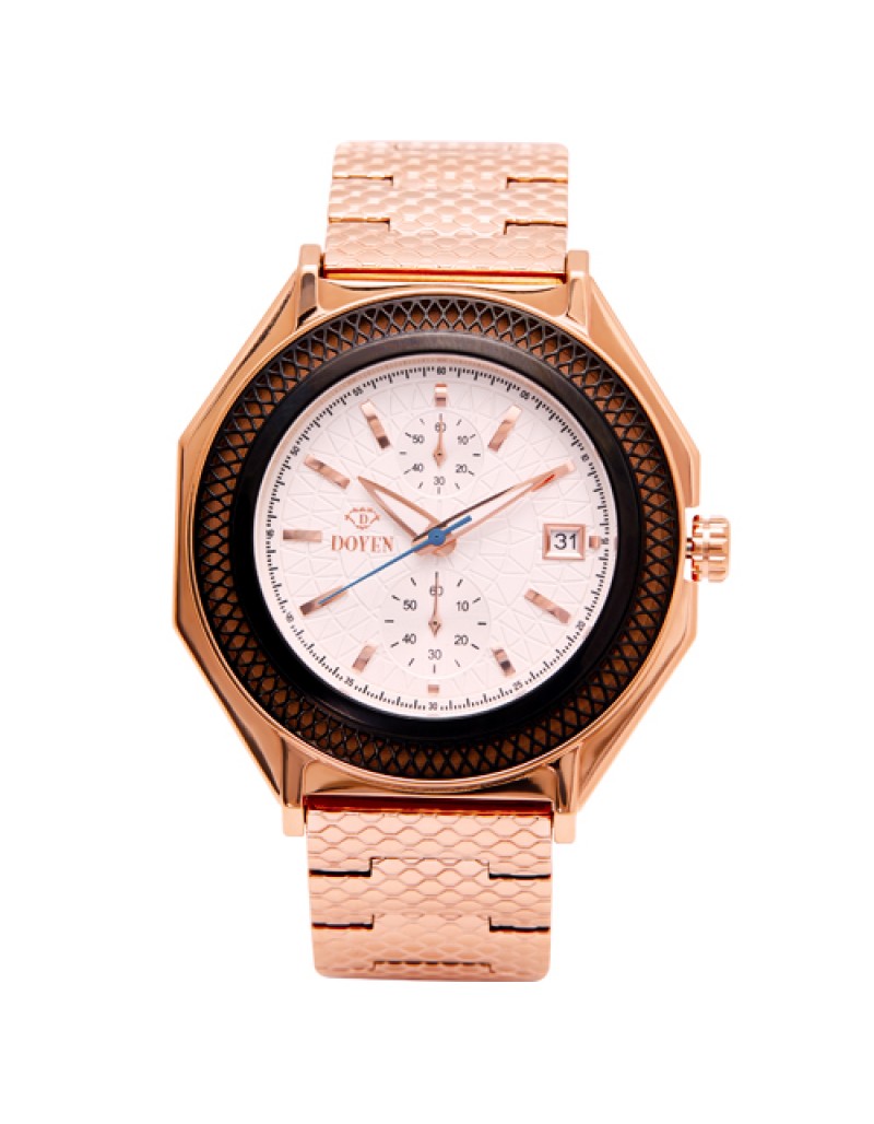 LONDON SQUARE MILE GENTS -  ROSEGOLD WHITE DIAL BLK BEZEL CHRONOGRAPH WATCH