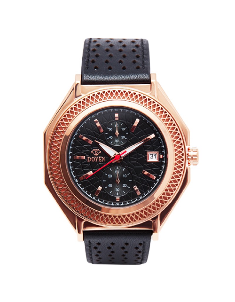 LONDON SQUARE MILE GENTS -  ROSE GOLD BLACK DIAL CHRONOGRAPH LEATHER WATCH