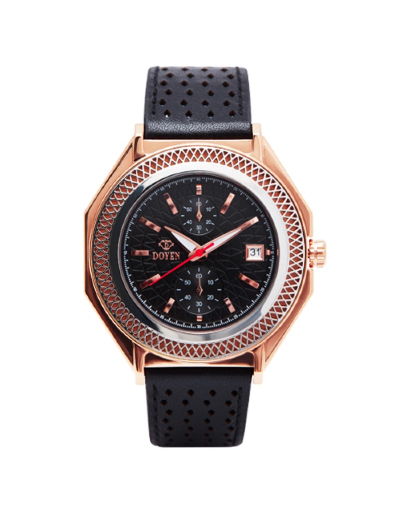 LONDON SQUARE MILE GENTS ROSE GOLD - SS BEZEL BLACK DIAL CHRONOGRAPH LEATHER WATCH