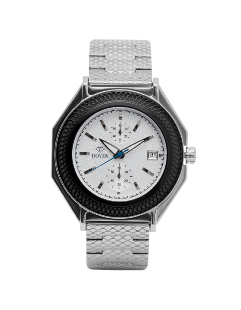 LONDON SQUARE MILE GENTS - STAINLESS STEEL WHITE DIAL BLK BEZEL CHRONOGRAPH WATCH