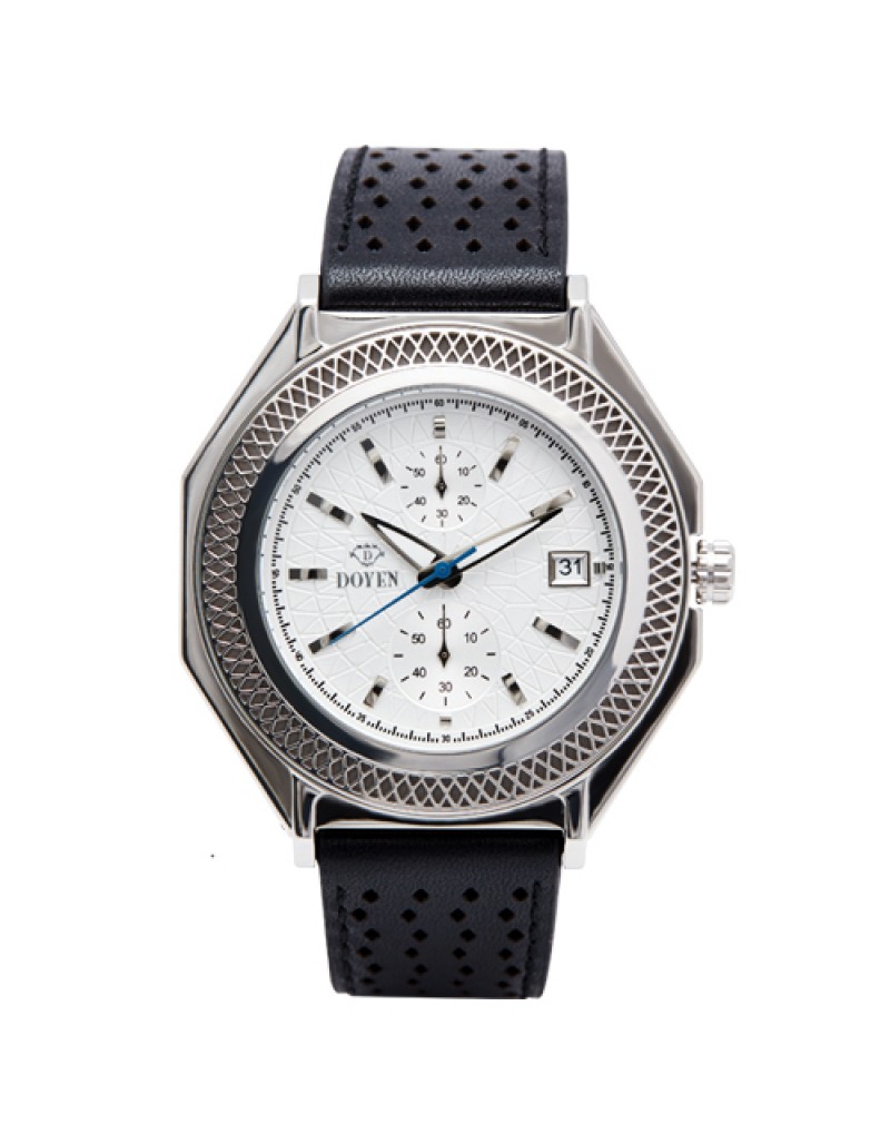 LONDON SQUARE MILE GENTS ST STEEL WHITE-  DIAL CHRONOGRAPH LEATHER WATCH