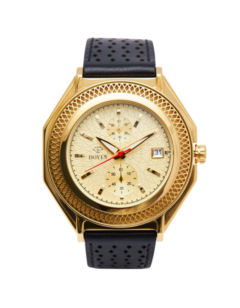 LONDON SQUARE MILE GENTS YELLOW GOLD -  YELLOW DIAL CHRONOGRAPH LEATHER WATCH