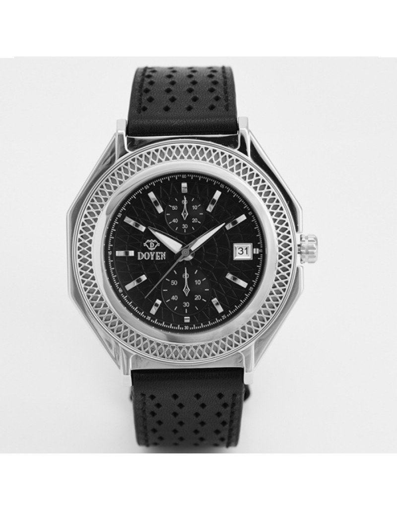 LONDON SQUARE MILE GENTS - STAINLESS STEEL BLACK DIAL CHRONOGRAPH LEATHER WATCH