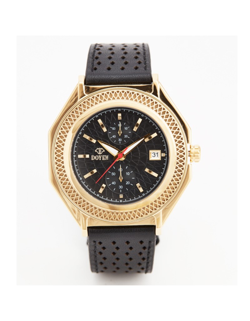 LONDON SQUARE MILE GENTS - Y.GOLD CASE BLACK DIAL CHRONOGRAPH LEATHER WATCH