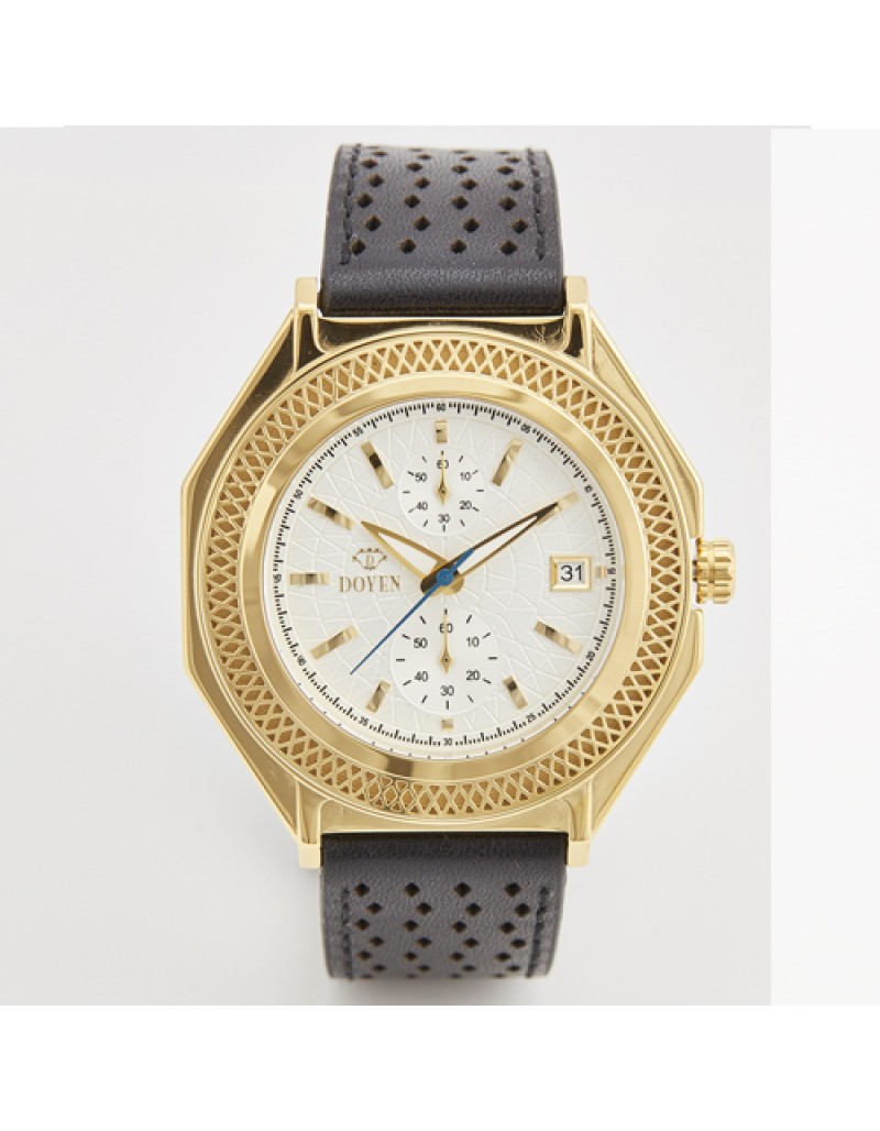 LONDON SQUARE MILE GENTS - YELLOW GOLD WHITE DIAL CHRONOGRAPH LEATHER WATCH